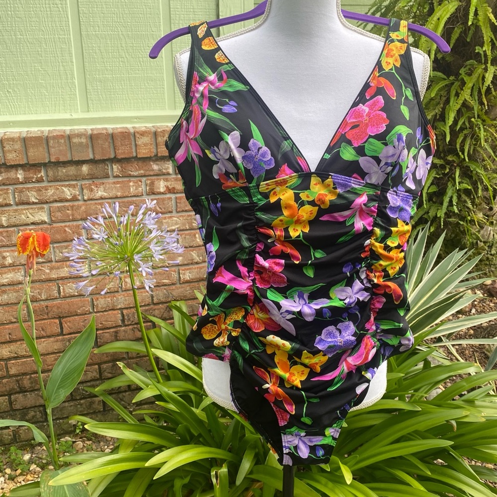 Lands End Floral Print on Black One Piece Swimsuit Size 12